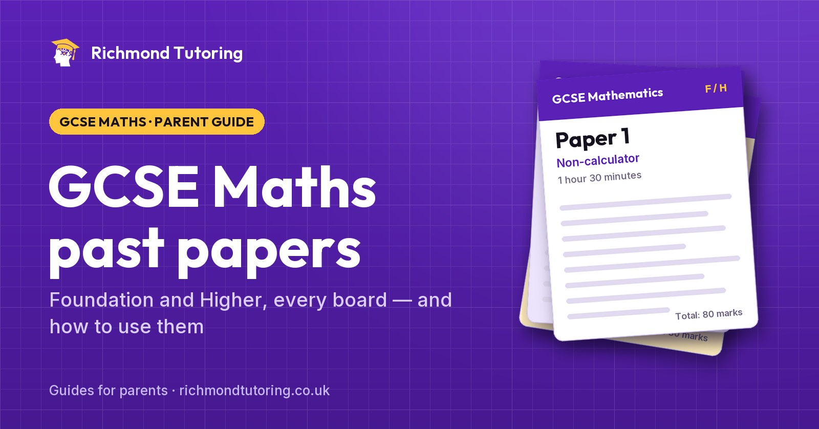GCSE Maths past papers: a fanned set of Paper 1 (non-calculator), Paper 2 and Paper 3, each 1 hour 30 minutes.