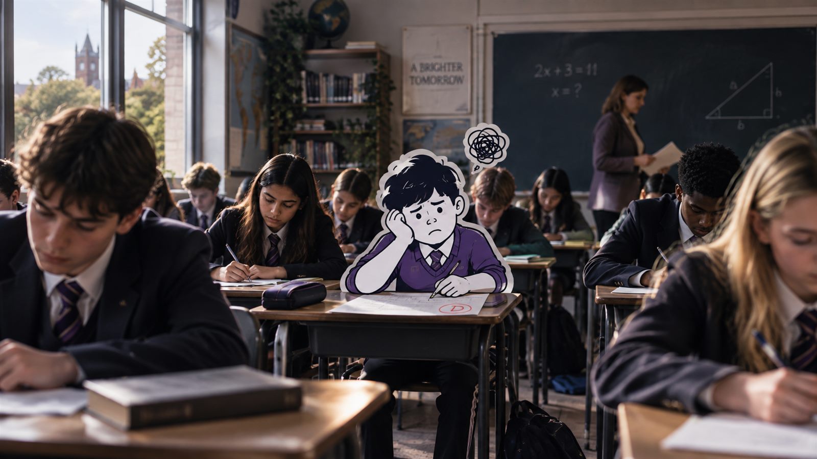 A pupil sitting at the back of a secondary school maths class looking lost, a marked paper in front of him.