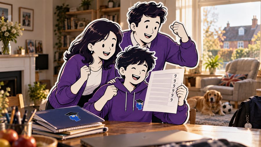A family at the dining table celebrating a results slip covered in grade 9s.
