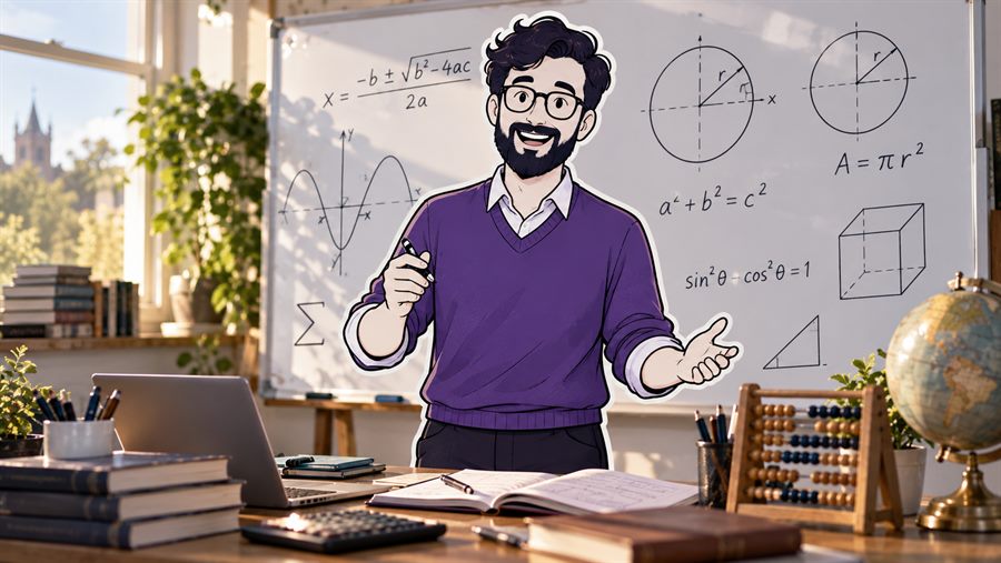 A maths tutor at a whiteboard covered in the quadratic formula, circle theorems and Pythagoras.