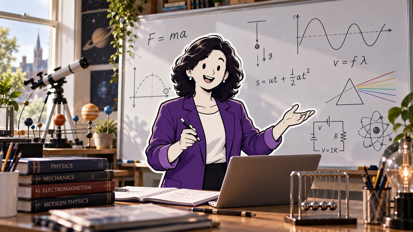 A physics tutor at a whiteboard of forces, waves and circuit diagrams, with a telescope and a Newton&rsquo;s cradle in the room.