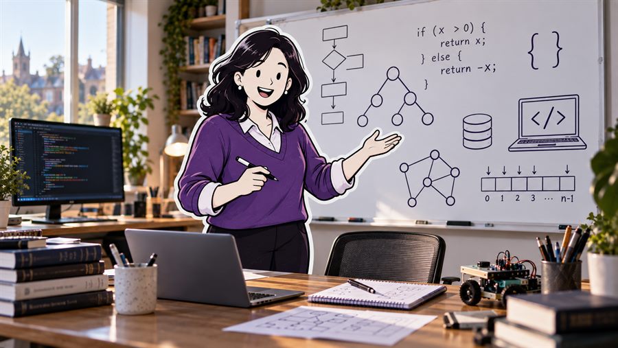 A computer science tutor at a whiteboard of flowcharts, a binary tree and a block of code.