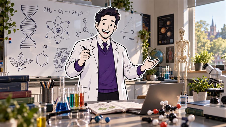 A science tutor in a lab coat beside a whiteboard of DNA, a cell diagram and a balanced equation.
