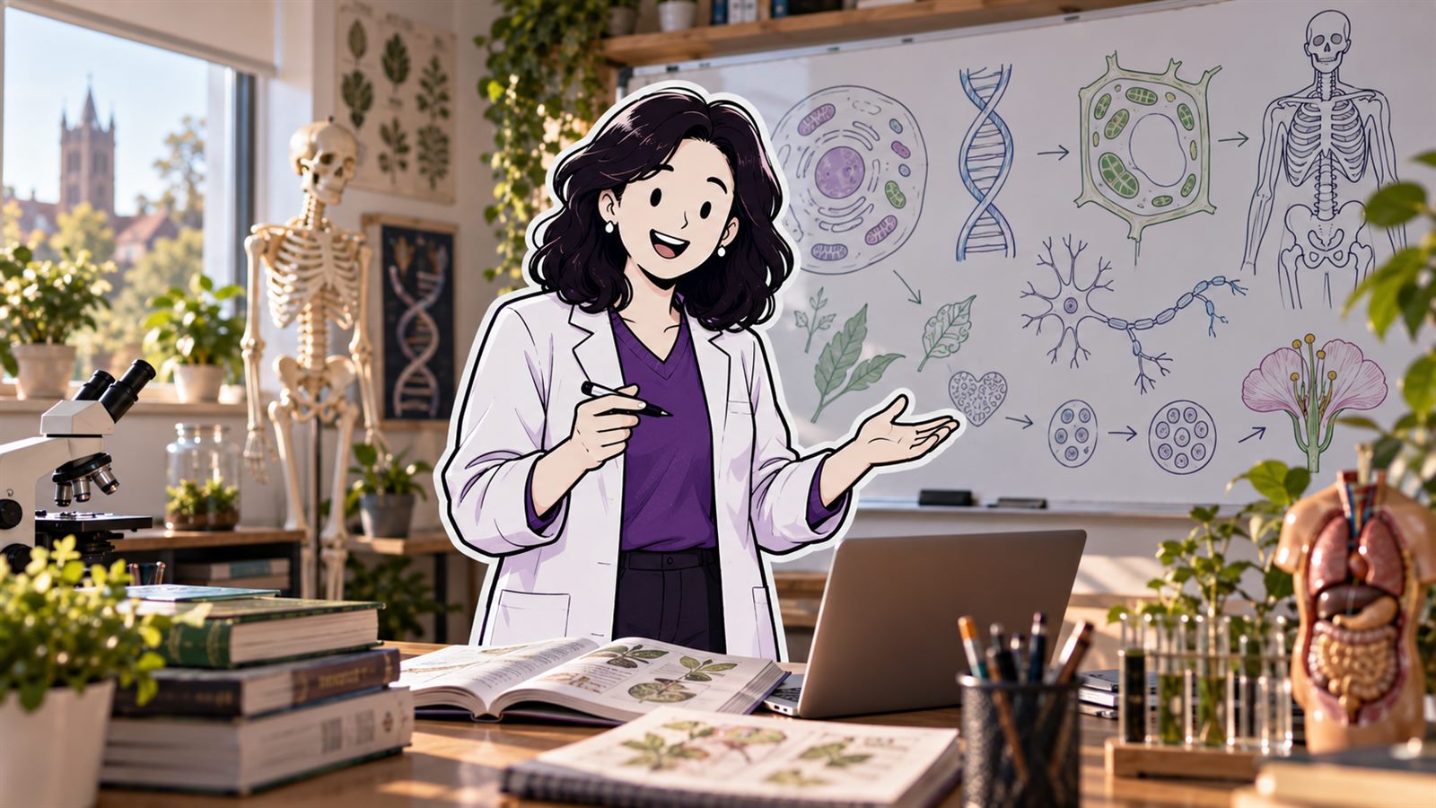 A biology tutor beside a microscope and anatomical models, with a whiteboard of cell and organ diagrams behind.