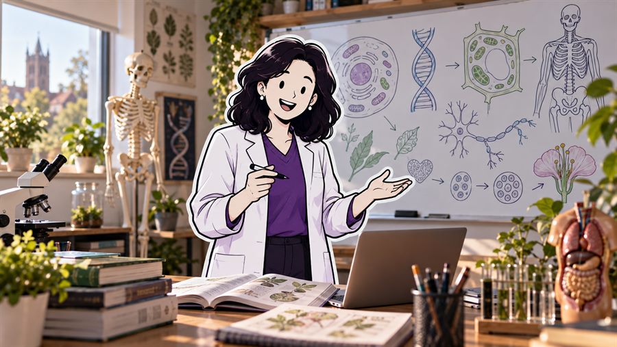 A biology tutor beside a whiteboard of cell diagrams, DNA and a nerve cell, a skeleton and a microscope behind her.
