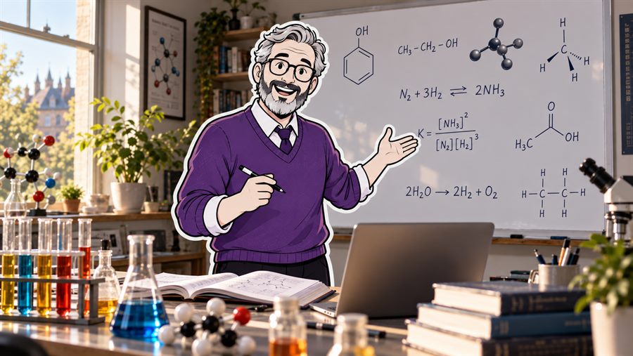 A chemistry tutor beside a whiteboard of organic structures and equilibrium equations, test tubes and molecular models on the bench.