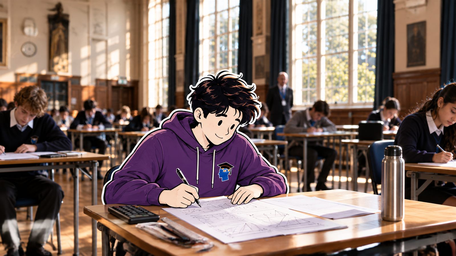 A sixth-form student sitting an A-Level paper in a school hall.