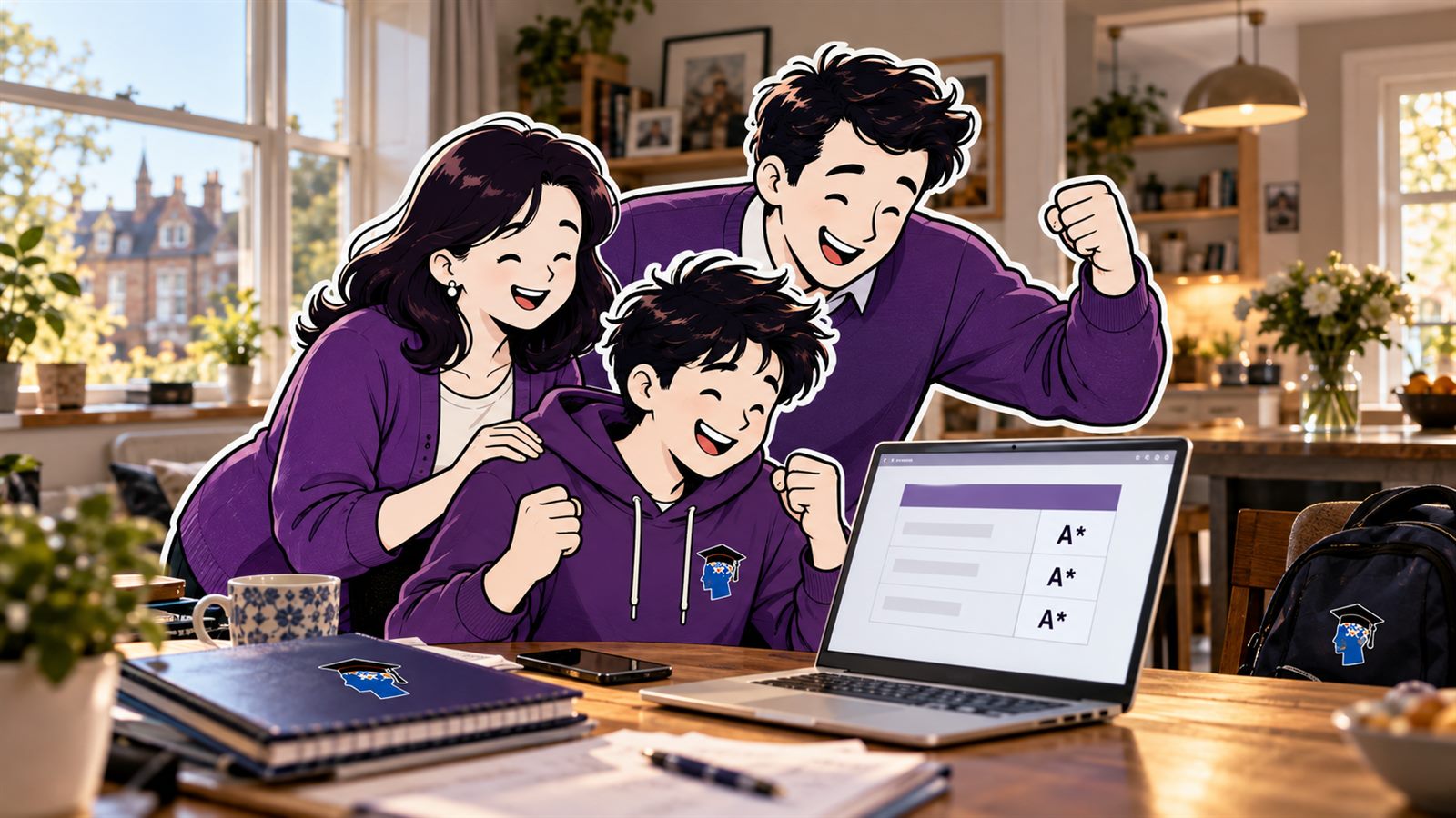 A family at the kitchen table celebrating a results page showing top grades.