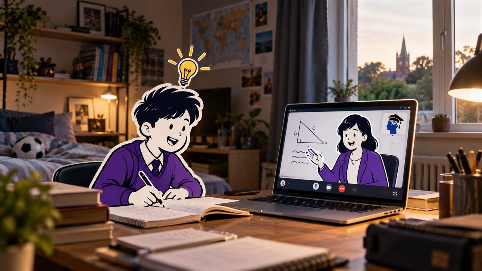 The same pupil at his desk at home, working through the problem while his tutor explains it on a shared whiteboard over video.