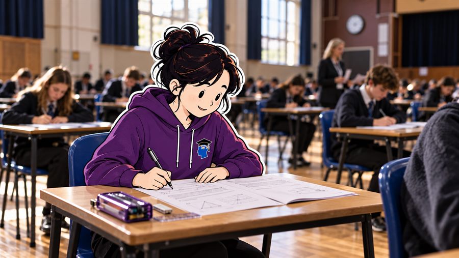 A Year 11 student sitting a GCSE maths paper in a school hall.
