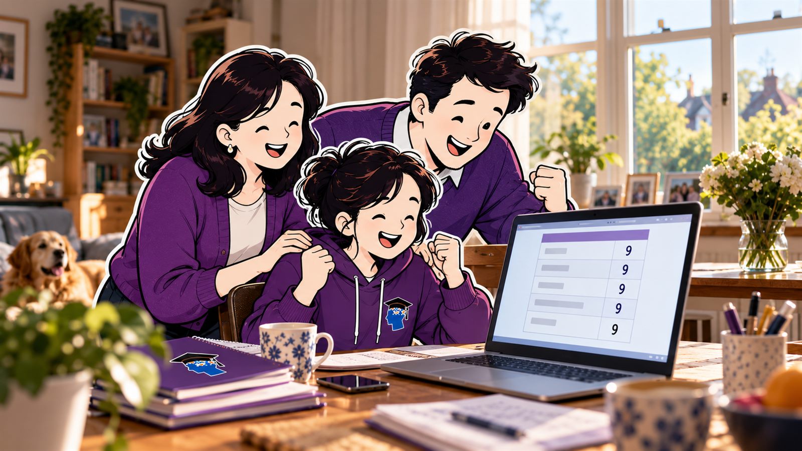 A family at the kitchen table celebrating a results page showing a column of top grades.