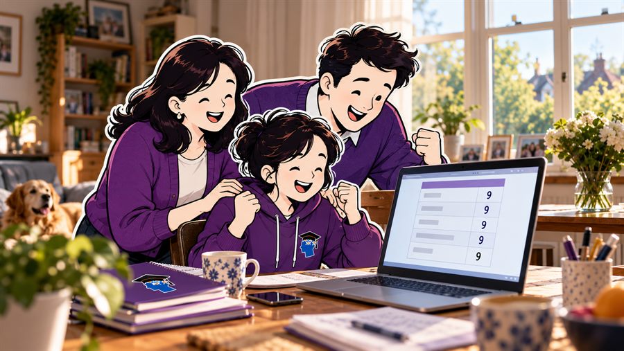 A family at the kitchen table celebrating a results page showing a column of grade 9s.