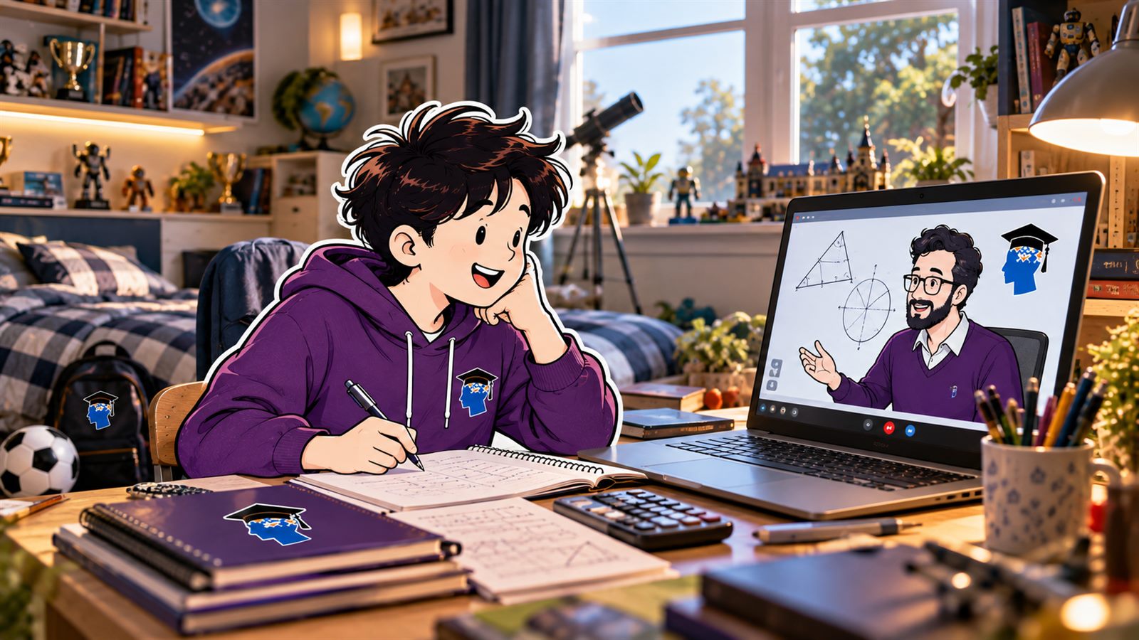 A Year 8 student at his desk at home in a one-to-one online KS3 maths lesson, his tutor working through angles and geometry on the laptop screen.