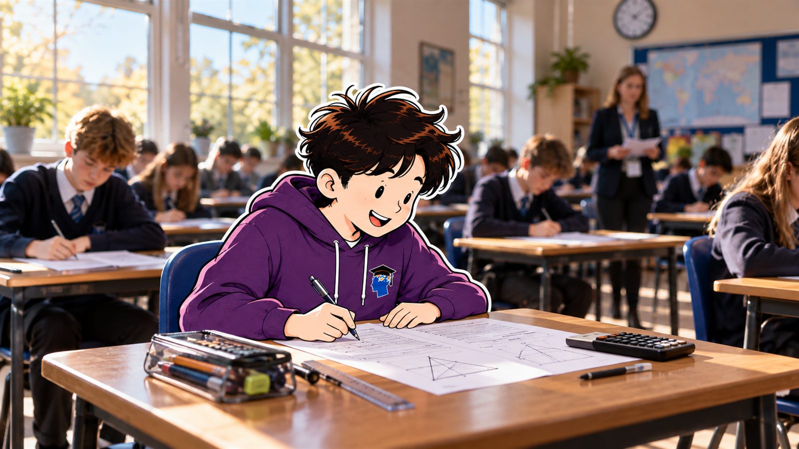 A KS3 student working through a maths assessment in a bright school classroom, a calculator and ruler on the desk.