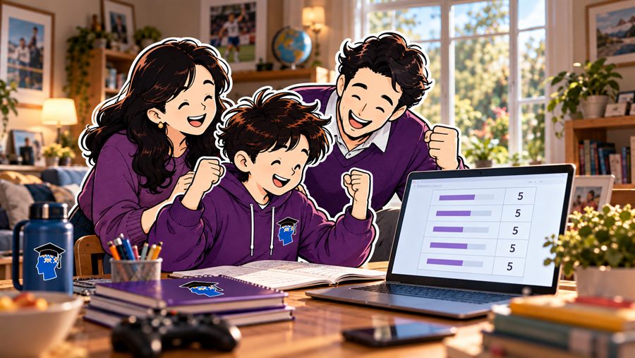 A family at the kitchen table reading a school report together.