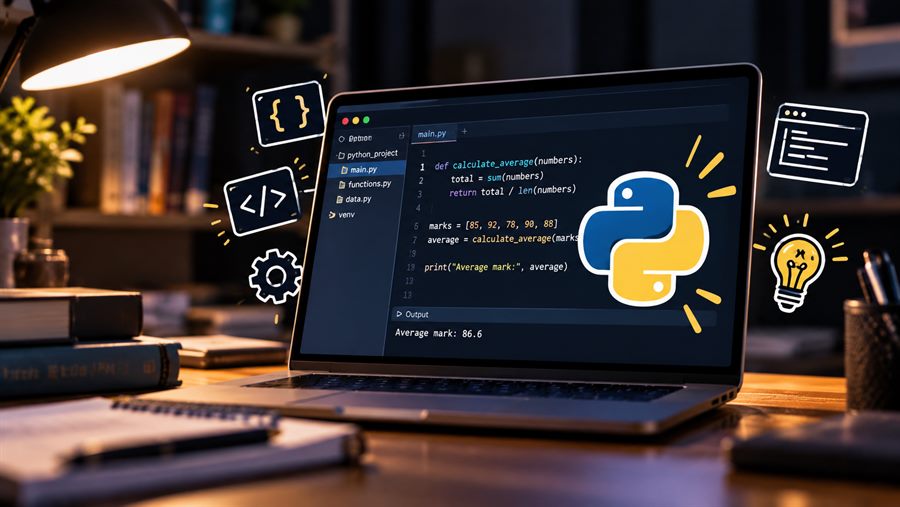 A laptop showing a Python program that works out an average mark, with its output below the code.