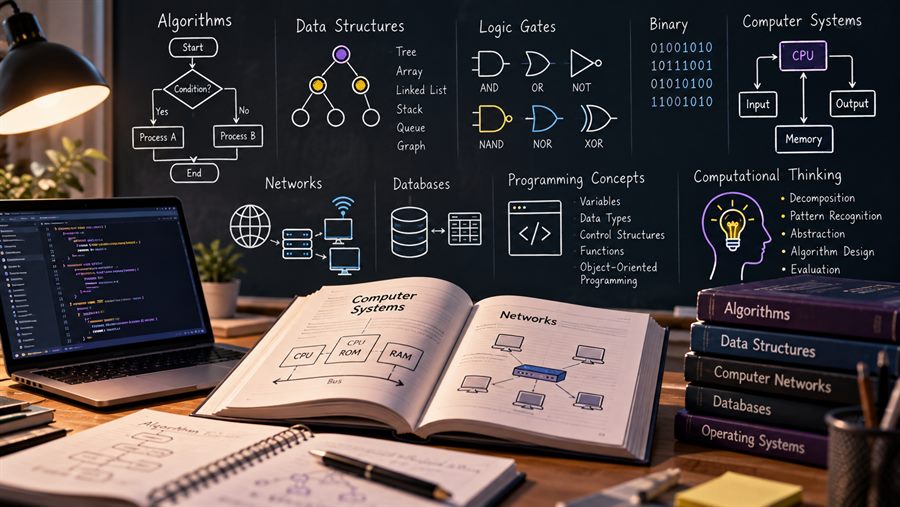 A whiteboard of computer science theory: algorithms, data structures, logic gates, binary, networks and databases.