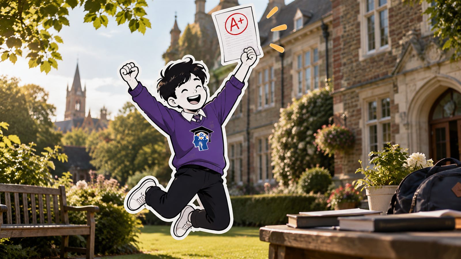 The same pupil outside his school on results day, holding up a marked paper and celebrating.