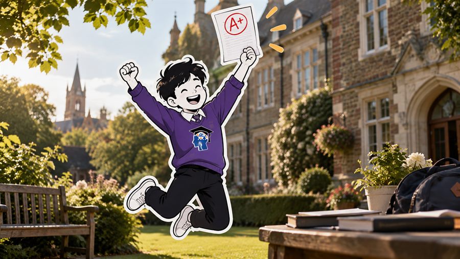 A student outside school on results day, holding up a marked paper and celebrating.