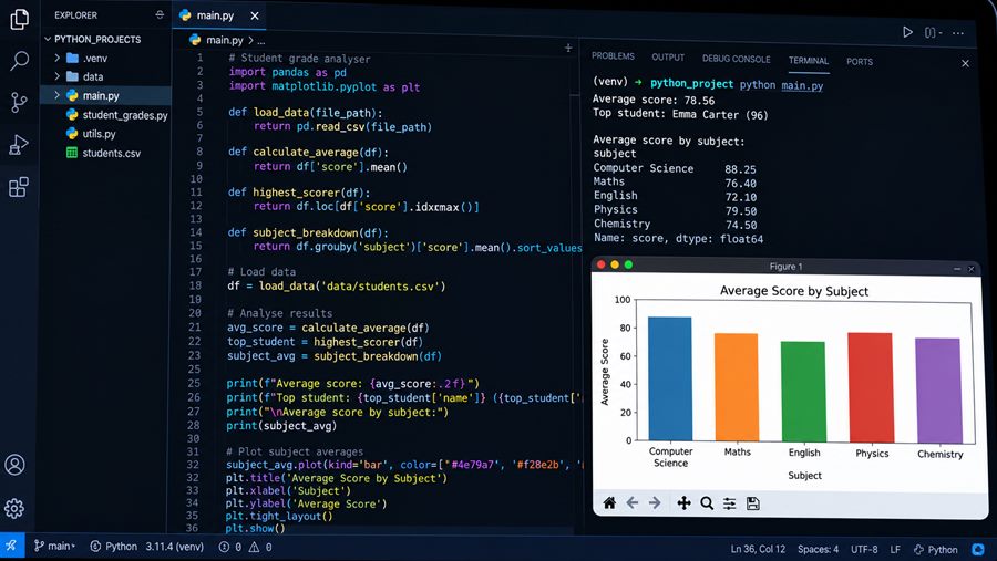A code editor showing a Python program beside the bar chart it produces.