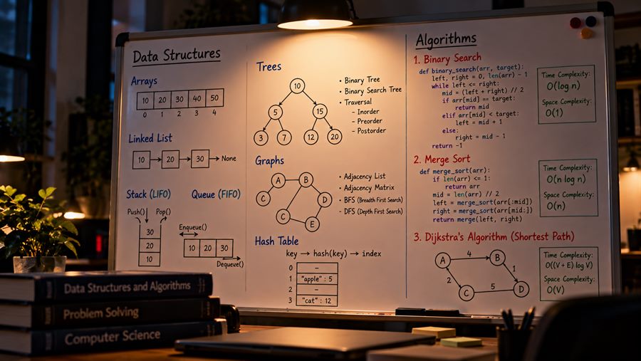 A whiteboard of data structures and algorithms: arrays, linked lists, trees, graphs, hash tables, binary search and Dijkstra.