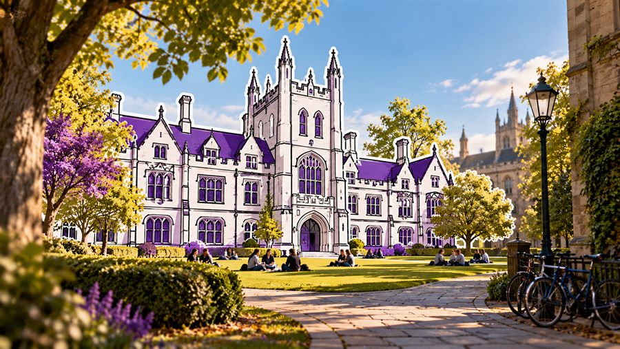 A university campus in spring, its main building behind flowering trees.