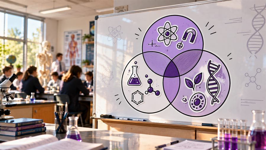 A school science lab, with biology, chemistry and physics drawn as three overlapping circles on the whiteboard.