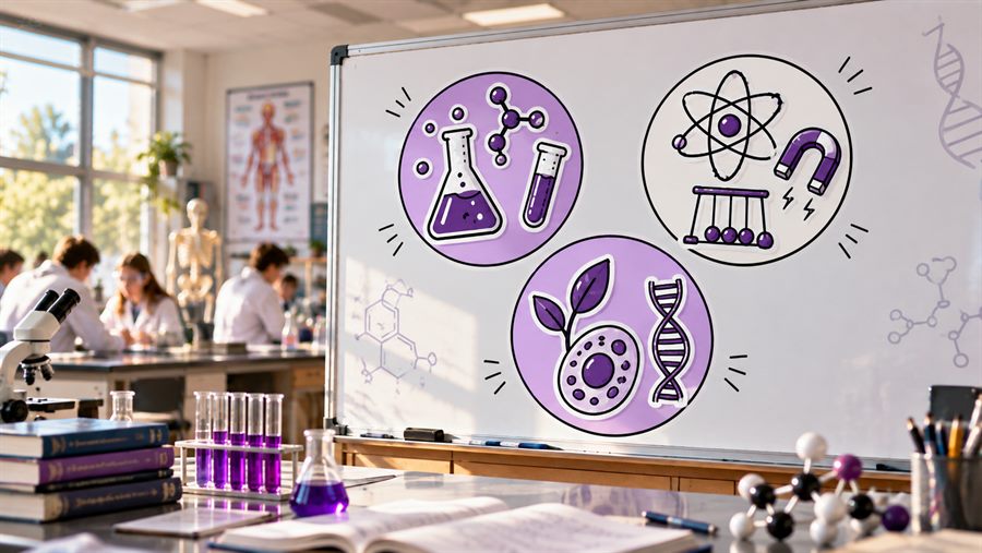A school science lab, with biology, chemistry and physics drawn as three separate circles on the whiteboard.