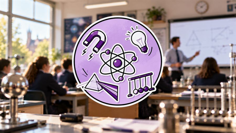 A physics classroom, with a pendulum, a circuit, an atom and a ray diagram drawn on the board.
