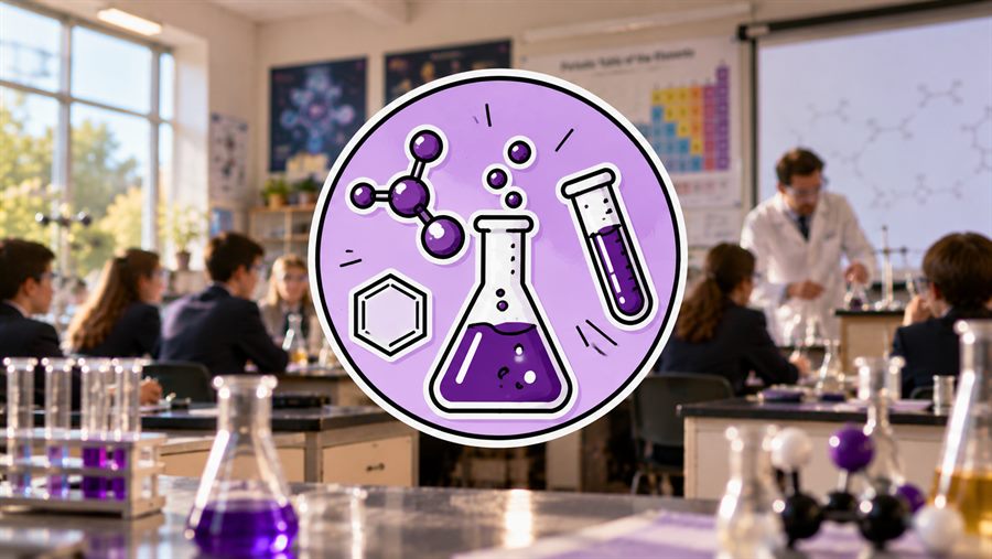 A chemistry classroom, with flasks, a molecular model and a hexagonal ring drawn on the board.