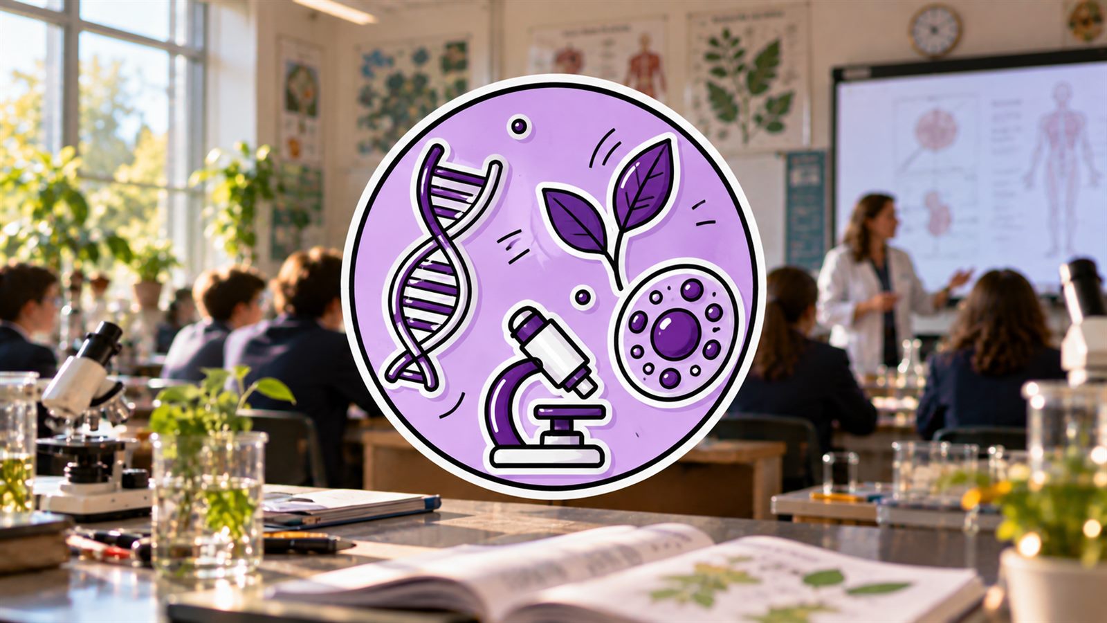 A biology classroom, with DNA, a cell, a leaf and a microscope drawn on the board.