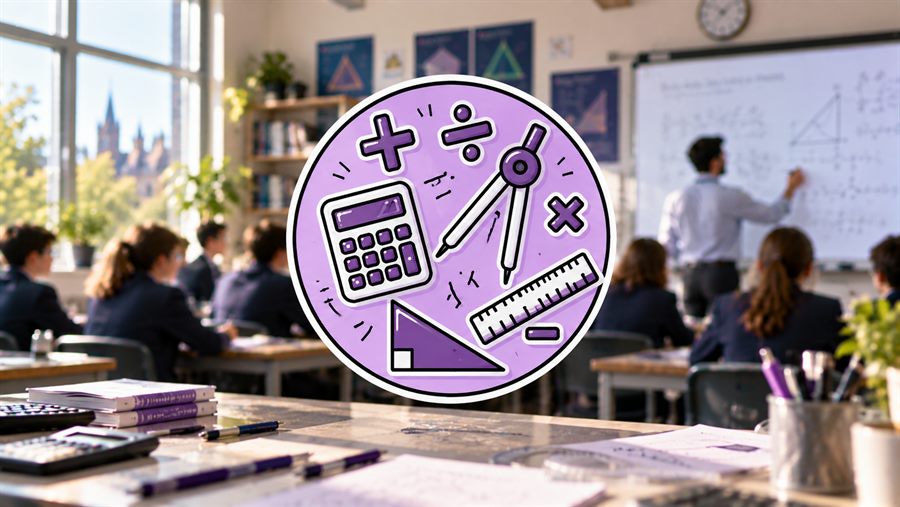 A maths classroom, with a calculator, compasses, a protractor and the four operations drawn on the board.
