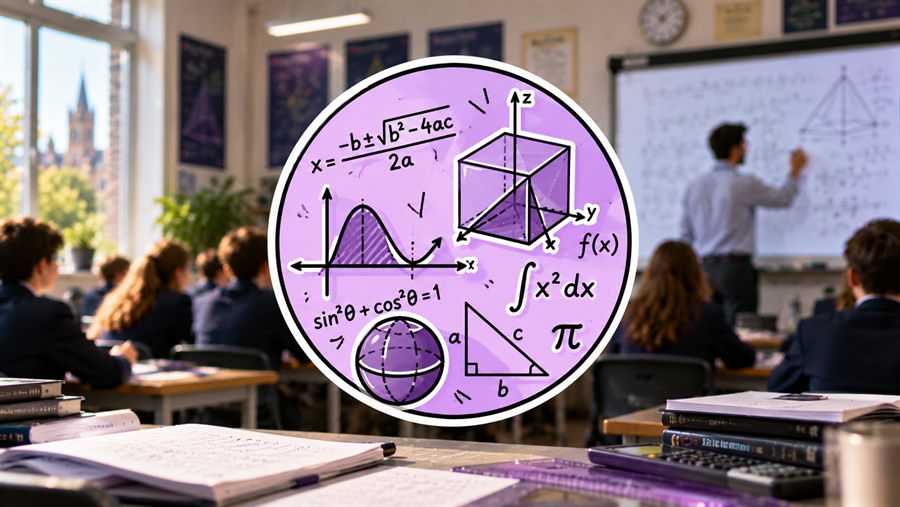 A maths classroom, with the quadratic formula, a cubic graph, an integral and a sphere drawn on the board.