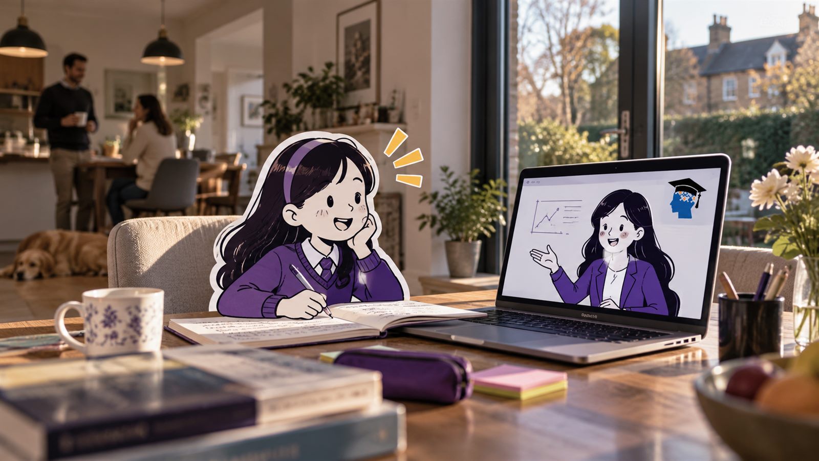 A student working through her notes at the kitchen table during an online lesson, her parents nearby.
