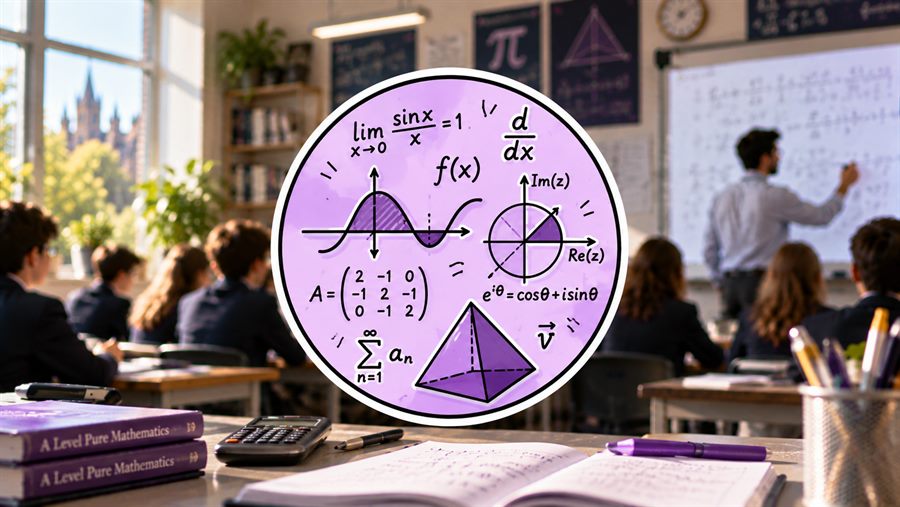 An A-Level maths classroom, with limits, derivatives, integrals, matrices and vectors drawn on the board.