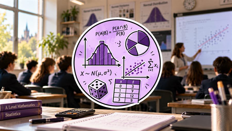 An A-Level statistics classroom, with a normal curve, conditional probability, a scatter graph and dice drawn on the board.
