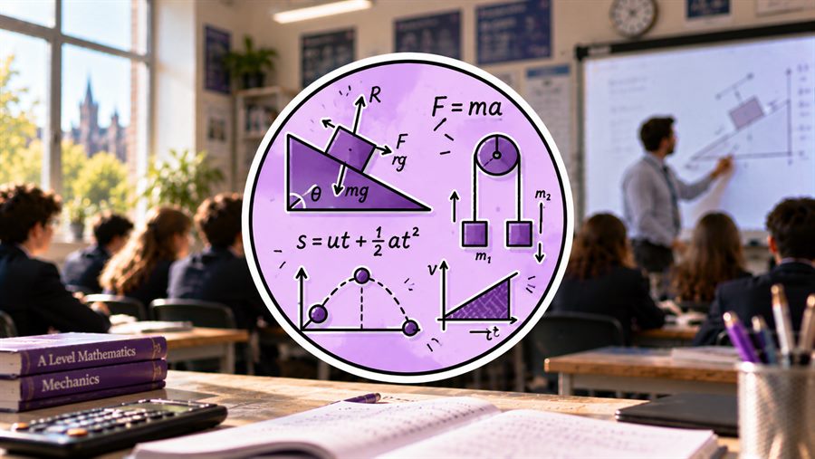 An A-Level mechanics classroom, with forces on a slope, projectile motion and the suvat equations drawn on the board.