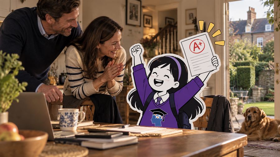 A student showing her parents a marked paper at the kitchen table, all three delighted.