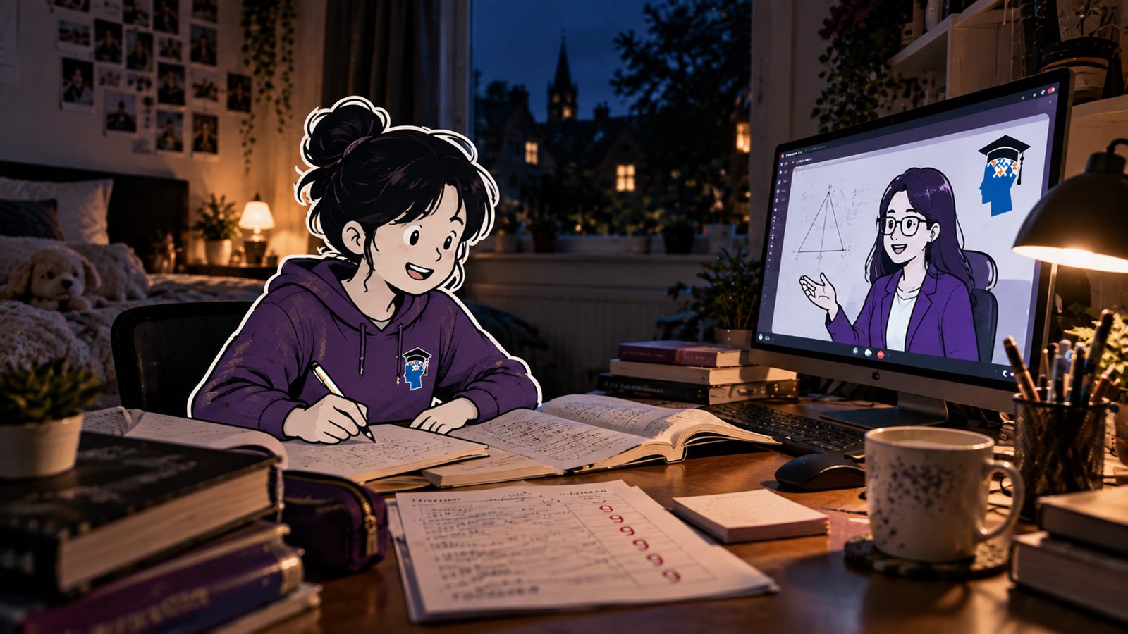 A sixth-form student working through past-paper questions at her desk while her tutor explains a diagram over video call.