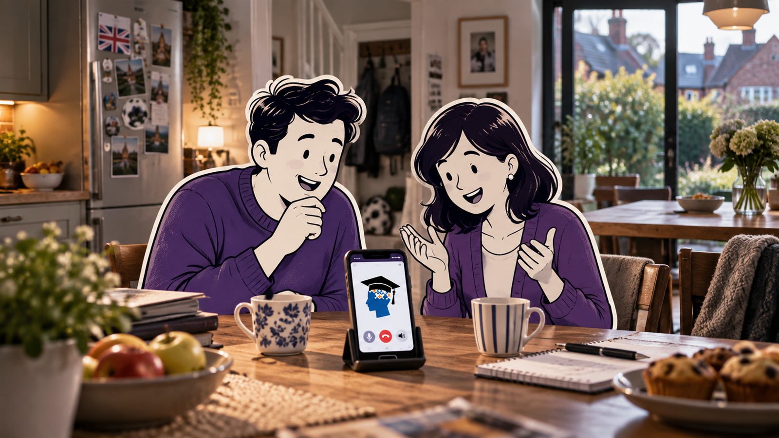 Two parents at the kitchen table on a video call, a phone propped up in front of them.