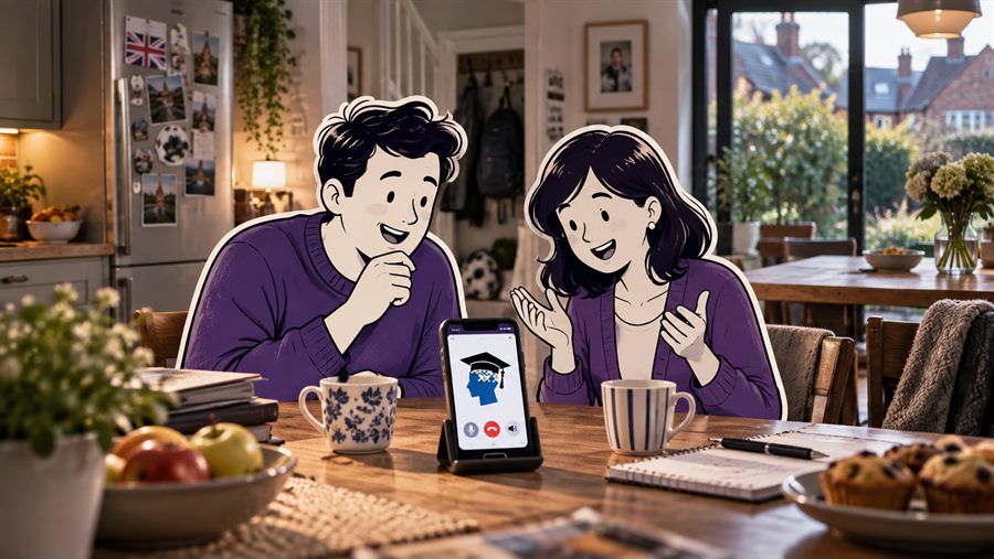 Two parents at the kitchen table on a video call, a phone propped up in front of them.
