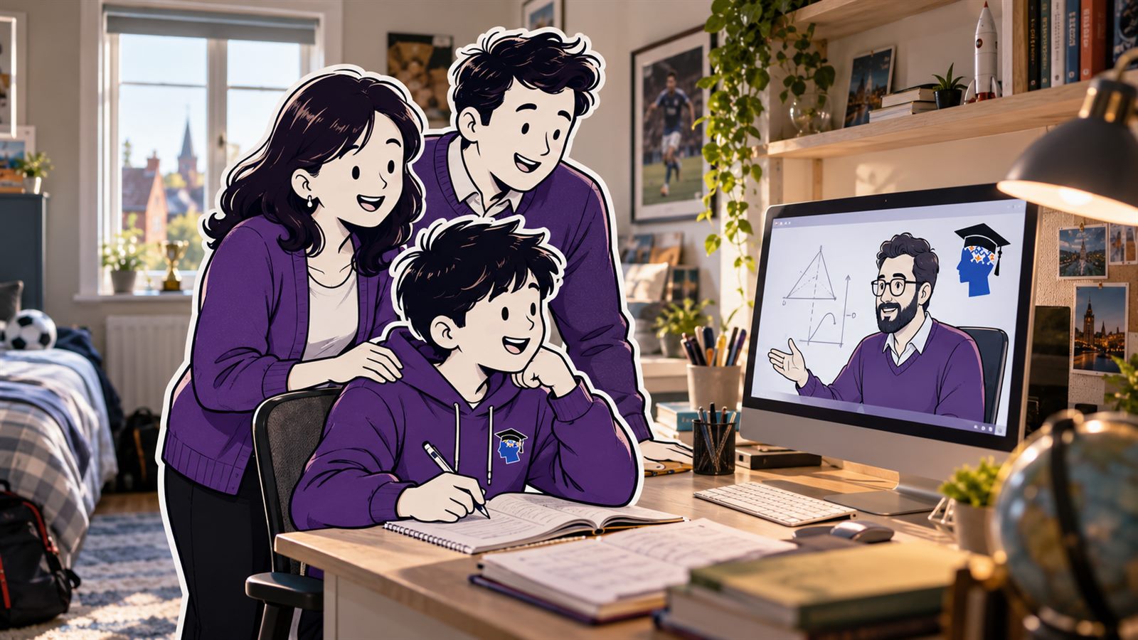 A pupil at his desk in a one-to-one online lesson, his tutor working through a diagram on screen while his parents look on.